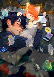 Rule 34 | 1boy, 1girl, :3, analog clock, animal ears, black hair, bracelet, cape, cat ears, cat girl, cellphone, charging device, clock, crown, crumpled paper, crying emoji, cup, drawing tablet, emoji, fever, fingernails, fish, freckles, hand on another&#039;s head, highres, holding, holding stylus, jewelry, long sleeves, lying, mug, on side, orange hair, original, pajamas, parted lips, phone, pill, pill bottle, pillow, short hair, sick, sleeping, smartphone, snot, sparkle, stylus, sweat, tatsunaka (tx3), thermometer, tissue box, translation request, under covers