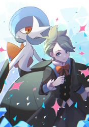 Rule 34 | 1boy, alternate color, black shorts, blue eyes, bow, bowtie, buttons, closed mouth, commentary request, creatures (company), game freak, gardevoir, gen 3 pokemon, green hair, hand up, highres, long sleeves, male focus, mega gardevoir, mega pokemon, nintendo, official alternate costume, orange bow, orange bowtie, pokemon, pokemon masters ex, shiny pokemon, short hair, shorts, split mouth, ssn (sasa8u9r), wally (pokemon), wally (sygna suit) (pokemon)