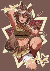 Rule 34 | 1girl, abs, ahoge, animal ears, arm up, armpits, bandaged leg, bandages, boots, breast pocket, breasts, brown background, brown eyes, brown footwear, brown gloves, brown hair, brown shirt, brown skirt, buttons, carrot, character name, gloves, highres, horse ears, horse girl, horse tail, indie virtual youtuber, large breasts, midriff, navel, open mouth, pleated skirt, pocket, second-party source, shirt, short hair, skirt, solo, sosakuinari, star (symbol), tail, thank you, tomoe umari, virtual youtuber, white hair
