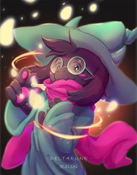 Rule 34 | 1boy, animal hands, bai qiao, black eyes, black hair, blush, character name, copyright name, dark background, deltarune, glasses, green hat, hat, highres, male focus, pink scarf, ralsei, scarf, standing