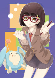 Rule 34 | 1girl, :p, book, brown eyes, brown hair, clothes lift, eyebrows, flower, glasses, hair flower, hair ornament, highres, necktie, noraico, original, pencil, school uniform, skirt, skirt lift, smile, thick eyebrows, tongue, tongue out