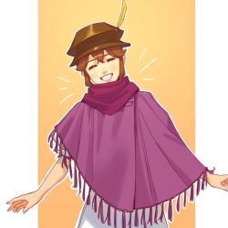 Rule 34 | 1girl, borrowed clothes, brown hair, cape, closed eyes, dress, gloves, hair over one eye, hat, jewelry, long hair, looking at viewer, mella, octopath traveler, octopath traveler i, open mouth, scarf, short hair, simple background, smile, solo, therion (octopath traveler), tressa (octopath traveler)