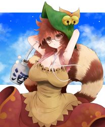 Rule 34 | 1girl, arano oki, arms behind head, arms up, bell, bottle, breasts, brown eyes, brown hair, cleavage, collarbone, futatsuiwa mamizou, glasses, hat, large breasts, raccoon tail, sake bottle, shirt, skirt, solo, tail, touhou