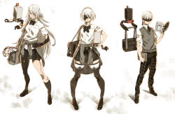 Rule 34 | 1boy, 2girls, alternate costume, bag, black bow, black hairband, black socks, black thighhighs, blindfold, blue eyes, book, bow, checkered clothes, checkered skirt, clothes around waist, commentary, contemporary, covered eyes, full body, grimoire weiss, hair over one eye, hairband, hand on own hip, highres, holding, holding book, jacket, jacket around waist, kneehighs, loafers, long hair, mole, mole under mouth, multiple girls, nier, nier (series), nier:automata, one eye covered, pants, plaid, plaid pants, plaid skirt, pleated skirt, pod (nier:automata), ribbon, school bag, school uniform, shoes, short hair, short sleeves, simple background, skirt, socks, standing, sweater, sweater around waist, sweater vest, tasaka shinnosuke, thighhighs, very long hair, white hair, wristband, 2b (nier:automata), 9s (nier:automata), a2 (nier:automata), zettai ryouiki