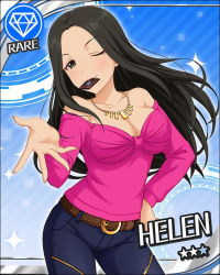 Rule 34 | 10s, 1girl, artist request, bare shoulders, belt, breasts, card (medium), character name, chocolate, cleavage, collarbone, denim, gem (symbol), green eyes, hand on own hip, helen (idolmaster), idolmaster, idolmaster cinderella girls, jeans, jewelry, long hair, looking at viewer, mouth hold, necklace, official art, one eye closed, pants, smile, solo