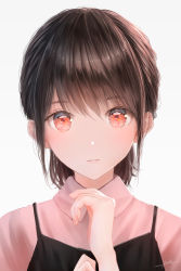 Rule 34 | 1girl, absurdres, blouse, blush, brown hair, collared shirt, hair between eyes, hand on own chin, highres, medium hair, ojay tkym, original, parted lips, pink shirt, red eyes, shirt, simple background, solo, white background