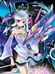 Rule 34 | 1girl, bare shoulders, breasts, ceres (p&amp;d), cleavage, detached sleeves, evil ceres (p&amp;d), horns, kokuro-mion, looking at viewer, plesios (p&amp;d), puzzle &amp; dragons, red eyes, short hair, sidelocks, silver hair, single horn, staff