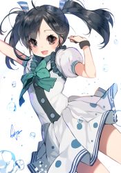 Rule 34 | 1girl, bad id, bad pixiv id, black hair, blush, brown eyes, cyphers, dress, hair ribbon, looking at viewer, marlene (cyphers), puffy sleeves, ribbon, short sleeves, smile, solo, sukja, twintails, water drop, white background