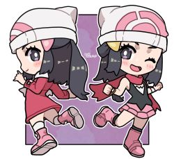 Rule 34 | 1girl, ;d, beanie, black hair, black shirt, black socks, blush stickers, boots, bracelet, bright pupils, chibi, commentary request, creatures (company), dawn (pokemon), fu (tk1189227dhy), game freak, hair ornament, hairclip, hat, highres, jewelry, kneehighs, leg up, long hair, multiple views, nintendo, one eye closed, open mouth, pink footwear, pink skirt, poke ball print, pokemon, pokemon dppt, pokemon platinum, red scarf, scarf, shirt, skirt, sleeveless, sleeveless shirt, smile, socks, tongue, white headwear, white pupils, white scarf, white socks