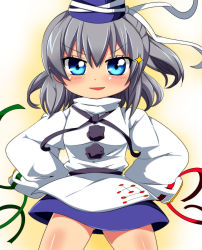 Rule 34 | 1girl, bad id, bad pixiv id, blue eyes, chibi, cowboy shot, doyagao, hands in opposite sleeves, hands on own hips, hat, high collar, highres, japanese clothes, kariginu, looking at viewer, miniskirt, mononobe no futo, motsu (selshia12), parted lips, ribbon, short hair, silver hair, simple background, skirt, smug, solo, sparkle, tate eboshi, touhou, triangle mouth, v-shaped eyebrows, wind, wind lift, yellow background