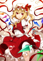 Rule 34 | 1girl, 6u (eternal land), ascot, bad id, bad pixiv id, blonde hair, bubble, cowboy shot, flandre scarlet, gloves, hat, looking at viewer, open mouth, red eyes, ribbon, short hair, side ponytail, skirt, solo, touhou, white gloves, wings