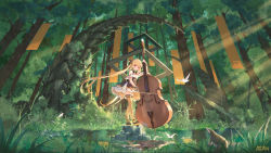 Rule 34 | 1girl, absurdres, animal, anteater, artist name, atdan, bare shoulders, blonde hair, bow (music), braid, brown dress, brown thighhighs, cello, commentary, day, dress, fantasy, floating hair, forest, hair rings, highres, holding, holding instrument, instrument, light rays, long hair, looking at viewer, md5 mismatch, nature, original, pink eyes, resolution mismatch, scenery, shoes, solo, sunbeam, sunlight, thighhighs, tree, twintails, very long hair, water, wide shot, zettai ryouiki