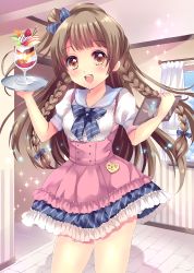 Rule 34 | 10s, 1girl, absurdres, apron, asymmetrical hair, bad id, bad pixiv id, bow, braid, brown eyes, brown hair, food, frills, fruit, hair bow, highres, long hair, looking at viewer, love live!, love live! school idol festival, love live! school idol project, lyric (hina9111), menu, minami kotori, name tag, open mouth, parfait, pocky, sailor collar, side ponytail, smile, solo, strawberry, tray, twin braids, waitress