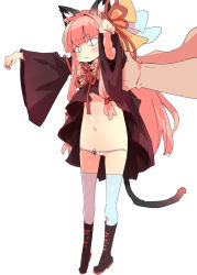 Rule 34 | 1girl, 3:, animal ear fluff, animal ears, black dress, black footwear, black tail, blue bow, blunt bangs, boots, bow, cat ears, clothes lift, detached sleeves, dress, dress lift, flat chest, hair ornament, hair ribbon, knee boots, kotonoha akane, lifting person, long hair, long sleeves, longcat (meme), meme, navel, neck ribbon, outstretched arms, panties, petenshi (dr. vermilion), pink hair, red ribbon, ribbon, sidelocks, simple background, slit pupils, thighhighs, underwear, very long hair, voiceroid, white background, white thighhighs, wide sleeves, yellow bow