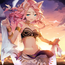 Rule 34 | 1girl, animal ears, armlet, backlighting, bare shoulders, blue eyes, blush, bracelet, bustier, cat ears, choker, circlet, cloud, dancer, gate of dimension, gilse, gold trim, half-closed eyes, head chain, jewelry, looking at viewer, lots of jewelry, navel, open mouth, orange sky, outdoors, parted lips, pink hair, purple sky, sky, smile, solo, sunset