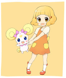 Rule 34 | 10s, 1girl, blonde hair, blush, blush stickers, bow, brown eyes, candy (smile precure!), child, creature, dress, full body, highres, kise yayoi, mary janes, orange dress, orange skirt, pink bow, precure, shoes, short hair, skirt, smile, smile precure!, socks, time paradox, wara (warapro), yellow background, aged down