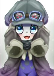 Rule 34 | appmon, blush, digimon, fangs, goggles, goggles on head, happy, hat, highres, offmon, smile, solo