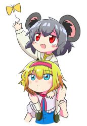 Rule 34 | 2girls, alice margatroid, animal ears, blonde hair, blue eyes, bug, butterfly, carrying, chibi, commentary, cookie (touhou), grey hair, highres, ichigo (cookie), bug, mouse ears, multiple girls, nazrin, nicoseiga61439696, nyon (cookie), red eyes, shoulder carry, touhou, white background
