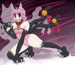 Rule 34 | @ @, animal ears, animal hands, bakeneko, breasts, cat ears, cat girl, cat tail, claws, collar, elly snail, fangs, grin, highres, leotard, medium breasts, mew ichigo, pink hair, red eyes, smile, tail, tokyo mew mew, tongue, tongue out