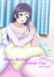 Rule 34 | 1girl, absurdres, alternate hairstyle, aqua eyes, artist name, artist request, bed, blush, breasts, cleavage, collarbone, curtains, female focus, green eyes, highres, indoors, long hair, long sleeves, long twintails, looking at viewer, love live!, love live! school idol project, low twintails, medium breasts, nail, nail polish, on bed, pajamas, parted lips, pillow, pink nails, pink nails, polka dot curtains, purple hair, smile, solo, tojo nozomi, twintails