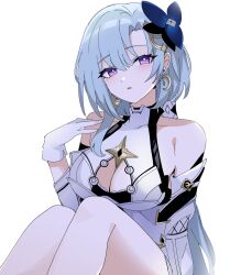 Rule 34 | 1girl, aged up, awe (adorableduckyy), bare shoulders, blue hair, breasts, cleavage cutout, clothing cutout, crescent, crescent earrings, dress, earrings, flower, gloves, griseo, griseo (cosmic expression), hair flower, hair ornament, highres, honkai (series), honkai impact 3rd, jewelry, large breasts, purple eyes, white dress, white gloves