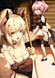 Rule 34 | 2girls, absurdres, adapted costume, alternate costume, animal ears, apron, ayanami (azur lane), azur lane, backless outfit, bare shoulders, blonde hair, blush, breasts, choker, cloth, club hair ornament, collarbone, commentary request, detached sleeves, enmaided, fake animal ears, frilled apron, frilled hairband, frills, green eyes, hair between eyes, hair intakes, hair ornament, hairband, hat, heart, heart hair ornament, highres, javelin (azur lane), long hair, looking at viewer, maid, medium breasts, multiple girls, open mouth, orange eyes, ponytail, puffy short sleeves, puffy sleeves, purple hair, rabbit ears, short sleeves, smile, sora (men0105), underbust, waist apron, wide sleeves, wrist cuffs