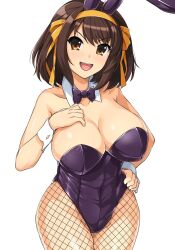 Rule 34 | 1girl, animal ears, bow, bowtie, breasts, brown eyes, brown hair, cleavage, detached collar, fake animal ears, fishnets, haruhisky, highres, large breasts, leotard, looking at viewer, open mouth, pantyhose, playboy bunny, rabbit ears, ribbon, simple background, smile, solo, strapless, strapless leotard, suzumiya haruhi, suzumiya haruhi no yuuutsu, white background, wrist cuffs, yellow ribbon