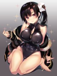 Rule 34 | 1girl, bare shoulders, black hair, black jacket, black one-piece swimsuit, breasts, brown eyes, cleavage, commentary request, covered navel, gradient background, grey background, highres, jacket, large breasts, long hair, looking at viewer, meme attire, one-piece swimsuit, original, sanshoku amido, smile, solo, swimsuit, thighs, zipper