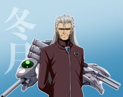Rule 34 | 1boy, arms behind back, bar censor, brown robe, cannon, censored, fuyutsuki kouzou, grey hair, identity censor, kantai collection, long sleeves, male focus, name connection, neon genesis evangelion, rigging, robe, smile, solo, tk8d32, torpedo tubes, upper body