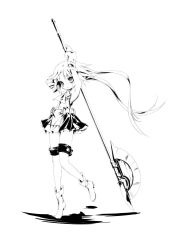 Rule 34 | 1girl, armpits, arms up, boots, detached sleeves, dress, eien no aselia, eternity sword series, greyscale, halberd, highres, hitomaru, legs, long hair, monochrome, naofumi takase, nimnthor g lasfolt, polearm, ponytail, short dress, simple background, solo, very long hair, weapon, white background