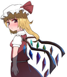 Rule 34 | 1girl, ascot, blonde hair, blush, bow, closed mouth, commentary request, cowboy shot, crystal, flandre scarlet, frilled shirt collar, frills, from behind, frown, hat, hat ribbon, highres, looking back, medium hair, mob cap, one side up, puffy short sleeves, puffy sleeves, red bow, red eyes, red ribbon, red skirt, red vest, ribbon, shirt, short sleeves, simple background, skirt, solo, standing, topadori, touhou, vest, white background, white shirt, wings, yellow ascot