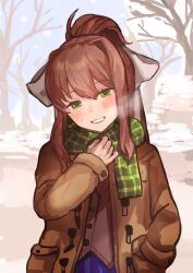 Rule 34 | 1girl, :d, aged down, blush, breath, brown coat, brown hair, brown shirt, buchi0122, buttons, coat, doki doki literature club, green eyes, green scarf, grin, hair ribbon, half-closed eyes, hand in pocket, hand on own chest, hand up, head tilt, long hair, long sleeves, looking at viewer, monika (doki doki literature club), open mouth, outdoors, plaid, plaid scarf, ponytail, purple skirt, ribbon, scarf, shirt, sketch background, skirt, smile, solo, straight-on, toggles, upper body, white ribbon