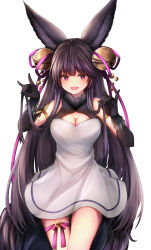 Rule 34 | 1girl, absurdres, animal ears, bell, black gloves, black hair, blush, breasts, cleavage, elbow gloves, fox shadow puppet, gloves, granblue fantasy, hair bell, hair ornament, highres, large breasts, long hair, looking at viewer, open mouth, purple eyes, simple background, smile, solo, very long hair, white background, ym (distance819), yuel (granblue fantasy)