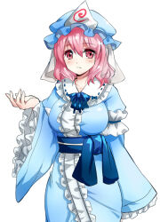Rule 34 | 1girl, blue hat, blue kimono, commentary request, frilled kimono, frilled sleeves, frills, hat, japanese clothes, kimono, long sleeves, looking at viewer, mob cap, nagare, parted lips, pink eyes, pink hair, saigyouji yuyuko, sash, short hair, simple background, solo, touhou, triangular headpiece, white background, wide sleeves