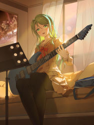 Rule 34 | 1girl, absurdres, alisi, aqua hair, bag, bang dream!, bed, bedroom, black pantyhose, blush, brown dress, buttons, cowboy shot, curtains, double-breasted, dress, electric guitar, esp guitars, green eyes, guitar, hair between eyes, hanasakigawa school uniform, highres, hikawa sayo, holding, holding instrument, indoors, instrument, lens flare, light rays, long hair, long sleeves, music stand, neck ribbon, open mouth, pantyhose, pillow, pleated dress, poster (object), red ribbon, ribbon, sailor collar, sailor dress, school bag, school uniform, shadow, sidelocks, sitting, solo, sunbeam, sunlight, sunset, teeth, upper teeth only, white sailor collar, window