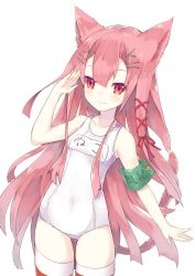 Rule 34 | 1girl, :3, animal ears, armband, cat ears, cat tail, cowboy shot, hair ornament, hair ribbon, hairclip, highres, long hair, looking at viewer, name tag, one-piece swimsuit, original, pink hair, red eyes, red ribbon, ribbon, sakofu, school swimsuit, simple background, smile, solo, striped clothes, striped thighhighs, swimsuit, tail, thighhighs, very long hair, white background, white one-piece swimsuit, white school swimsuit
