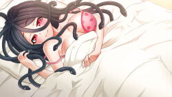 Rule 34 | 1girl, artist request, bed, black hair, bra, breasts, food print, game cg, large breasts, long hair, looking at viewer, monster girl, monster musume no iru nichijou, monster musume no iru nichijou online, official art, pillow, pink bra, red eyes, shiana (monster musume), slit pupils, smile, snake hair, solo, strawberry print, under covers, underwear