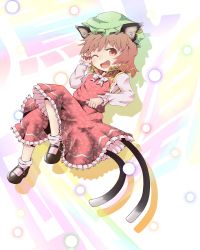 Rule 34 | 1girl, absurdres, animal ears, bad id, bad pixiv id, brown eyes, brown hair, cat ears, cat girl, cat tail, chen, earrings, fang, female focus, fingernails, hat, highres, jewelry, long fingernails, mary janes, multiple tails, nail polish, one eye closed, open mouth, sanuki (zigzagflamberge), shoes, short hair, smile, solo, tail, touhou, wink