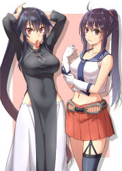 Rule 34 | 2girls, abo (hechouchou), adjusting hair, black dress, black hair, black thighhighs, breasts, closed mouth, commission, cosplay, costume switch, crop top, dress, gloves, hair between eyes, hair ornament, hairclip, kantai collection, large breasts, long hair, looking at viewer, medium breasts, mouth hold, multiple girls, original, pelvic curtain, pleated skirt, ponytail, purple hair, red eyes, red skirt, sailor collar, school uniform, serafuku, single thighhigh, skeb commission, skirt, sleeveless, thighhighs, two-tone background, very long hair, vietnamese dress, white gloves, yahagi (kancolle)