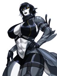 Rule 34 | abs, absurdres, black hair, black sclera, breasts, colored sclera, fingerless gloves, gloves, highres, large breasts, large tail, midriff, monster girl, muscular, muscular female, open mouth, original, pointy ears, shark girl, sharp teeth, short hair, simple background, slit pupils, sotcho, swimsuit, tail, teeth, thigh strap, white background, yellow eyes