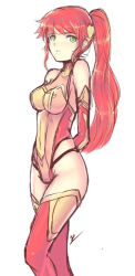Rule 34 | 1girl, arm behind back, breasts, cat with a brush, cleavage, detached sleeves, green eyes, groin, hair ornament, highleg, highleg leotard, leotard, long hair, long sleeves, medium breasts, parted lips, ponytail, pyrrha nikos, red hair, red sleeves, red thighhighs, rwby, see-through, simple background, sketch, solo, standing, swept bangs, thighhighs, very long hair, white background