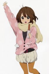 Rule 34 | 1girl, arm up, brown eyes, brown hair, brown pantyhose, hair ornament, hairclip, highres, hipster, hirasawa yui, jpeg artifacts, k-on!, k-on! movie, london, original, pantyhose, scarf, simple background, solo, sweater, white background