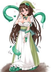 Rule 34 | 1girl, alternate costume, blush, breasts, brown eyes, brown hair, character request, check character, cleavage, dress, full body, green headwear, hand on own face, heart, heart-shaped pupils, highres, large breasts, long dress, long hair, looking at viewer, monster girl, monster girl encyclopedia, nose blush, open mouth, parasite slime, slime (substance), smile, solo, sora (sunday sky), standing, symbol-shaped pupils, tentacles, tentacles under clothes