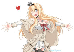 Rule 34 | 1girl, blonde hair, blue eyes, braid, corset, cowboy shot, crown, dress, flower, french braid, garter straps, kanade (kanadeya), kantai collection, long hair, long sleeves, looking at viewer, mini crown, off-shoulder dress, off shoulder, outstretched arms, red flower, red ribbon, red rose, ribbon, rose, simple background, smile, solo, thighhighs, warspite (kancolle), white background, white dress