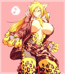 Rule 34 | 1girl, animal ears, areola slip, breasts, claws, furry, furry female, hataraki ari, jacket, large breasts, red eyes, solo, standing, torn clothes, transformation