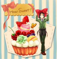 Rule 34 | 1boy, bad id, bad pixiv id, black hair, blueberry, bow, bowtie, cherry, cupcake, fate/zero, fate (series), food, fruit, green eyes, juliacco, macaron, macaroon, male focus, solo, strawberry, sweets, waver velvet