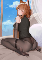 Rule 34 | 1girl, absurdres, animal ears, arknights, ass, bare shoulders, black gloves, black pantyhose, black shirt, blush, breasts, brown eyes, brown hair, elbow gloves, feet, fox ears, fox girl, franka (arknights), gloves, highres, lahz52, legs, long hair, looking at viewer, looking back, medium breasts, no shoes, no tail, on bed, panties, panties under pantyhose, pantyhose, pillow, ponytail, shirt, sidelocks, sitting, sleeveless, sleeveless shirt, smile, soles, solo, thighband pantyhose, toes, underwear, very long hair, wariza, wedgie, window