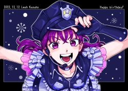 Rule 34 | 1girl, believe again, birthday, black gloves, blush, breasts, character name, choker, collarbone, commentary, dated, english text, fingerless gloves, gloves, happy birthday, hat, holding, holding clothes, holding hat, kazuno leah, long hair, looking at viewer, love live!, love live! sunshine!!, low twintails, medium breasts, microphone, popopon (user awam4872), purple eyes, purple hair, saint snow, smile, solo, twintails, upper body