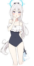 Rule 34 | 1girl, absurdres, bare legs, bare shoulders, black one-piece swimsuit, blue archive, blush, collarbone, cropped legs, feet out of frame, frilled one-piece swimsuit, frills, grey hair, highres, liverpool0427, long hair, looking at viewer, miyako (blue archive), miyako (swimsuit) (blue archive), off-shoulder one-piece swimsuit, off shoulder, official alternate costume, one-piece swimsuit, open mouth, ponytail, purple eyes, simple background, solo, swimsuit, white background