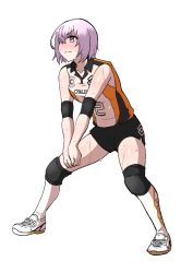 Rule 34 | 1girl, breasts, burningsushi, closed mouth, collared shirt, fate/grand order, fate (series), hair over one eye, highres, knee pads, kneehighs, leaning forward, looking up, mash kyrielight, own hands together, playing sports, purple eyes, purple hair, serious, shirt, shoes, short hair, shorts, sidelocks, simple background, sleeveless, small breasts, socks, sportswear, squatting, sweat, sweaty clothes, uniform, volleyball, volleyball uniform, white background